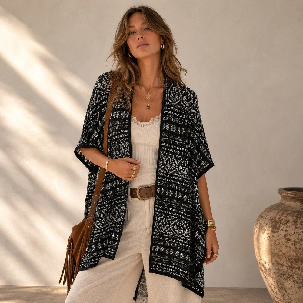 Chicos Boho Open‎ Cardigan Sweater Duster Kimono Size 3 -XL Black Knit Chic NWT